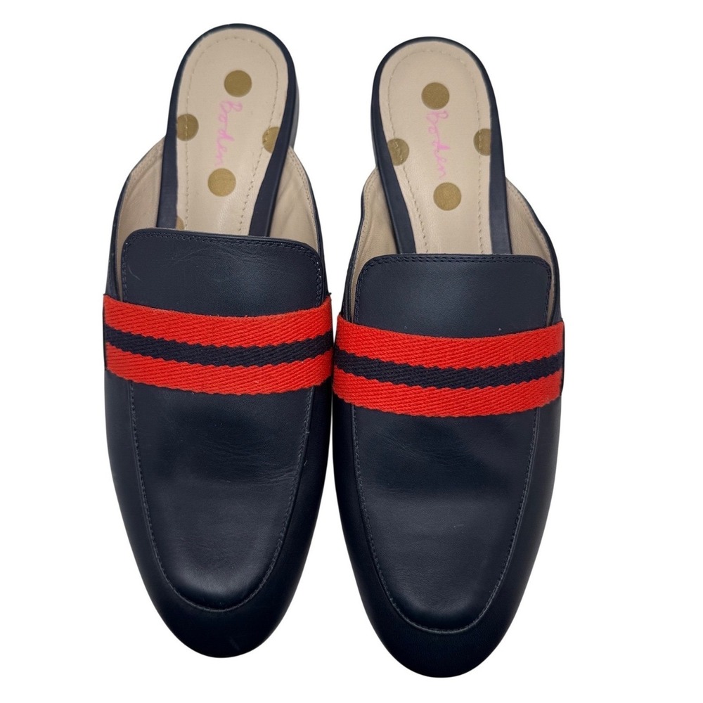 NWOT BODEN Navy Leather Mule Loafers Red Striped Webbing Slides AR904 Womens 40